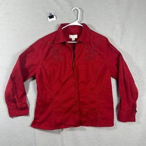CJ Banks Womens Red 1/2 Button up Shirt Blouse Shirt Collared Long Sleeve 1X